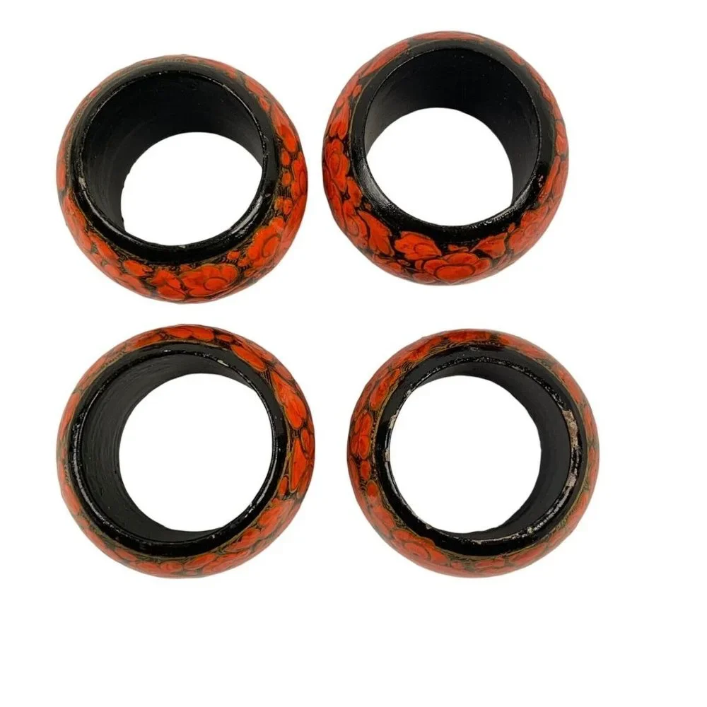 Vintage Floral Painted Wood Napkin Rings‎ Orange Black Set of 4 Boho